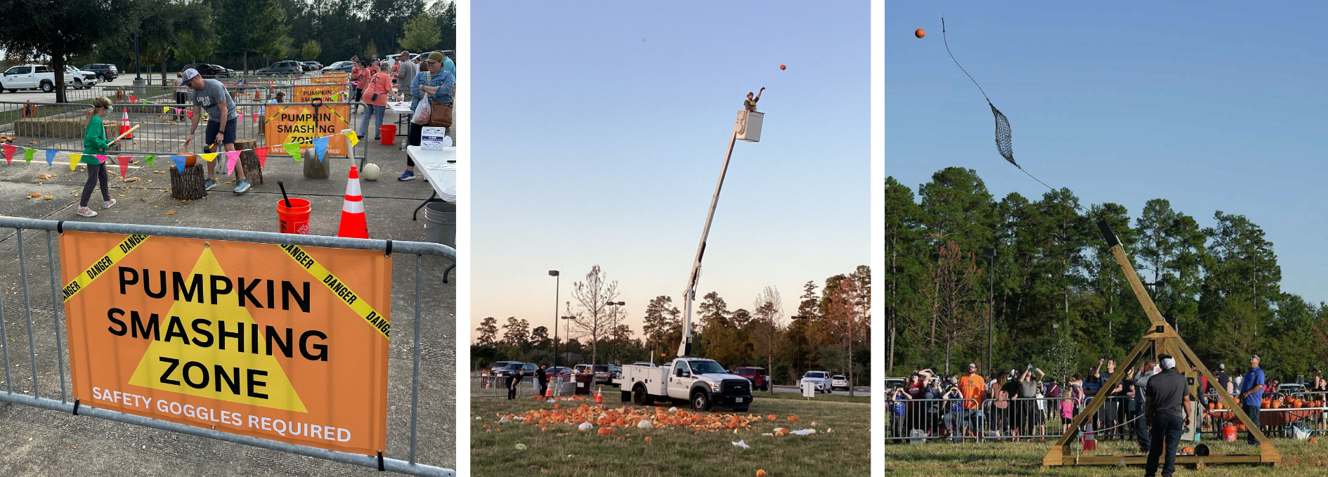 Three photos of a pumpkin smash zone, crushed pumpkins and a catapulted pumpkin
