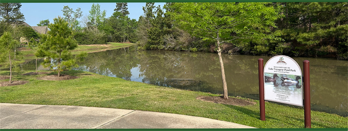 Photo of park pond with park sign