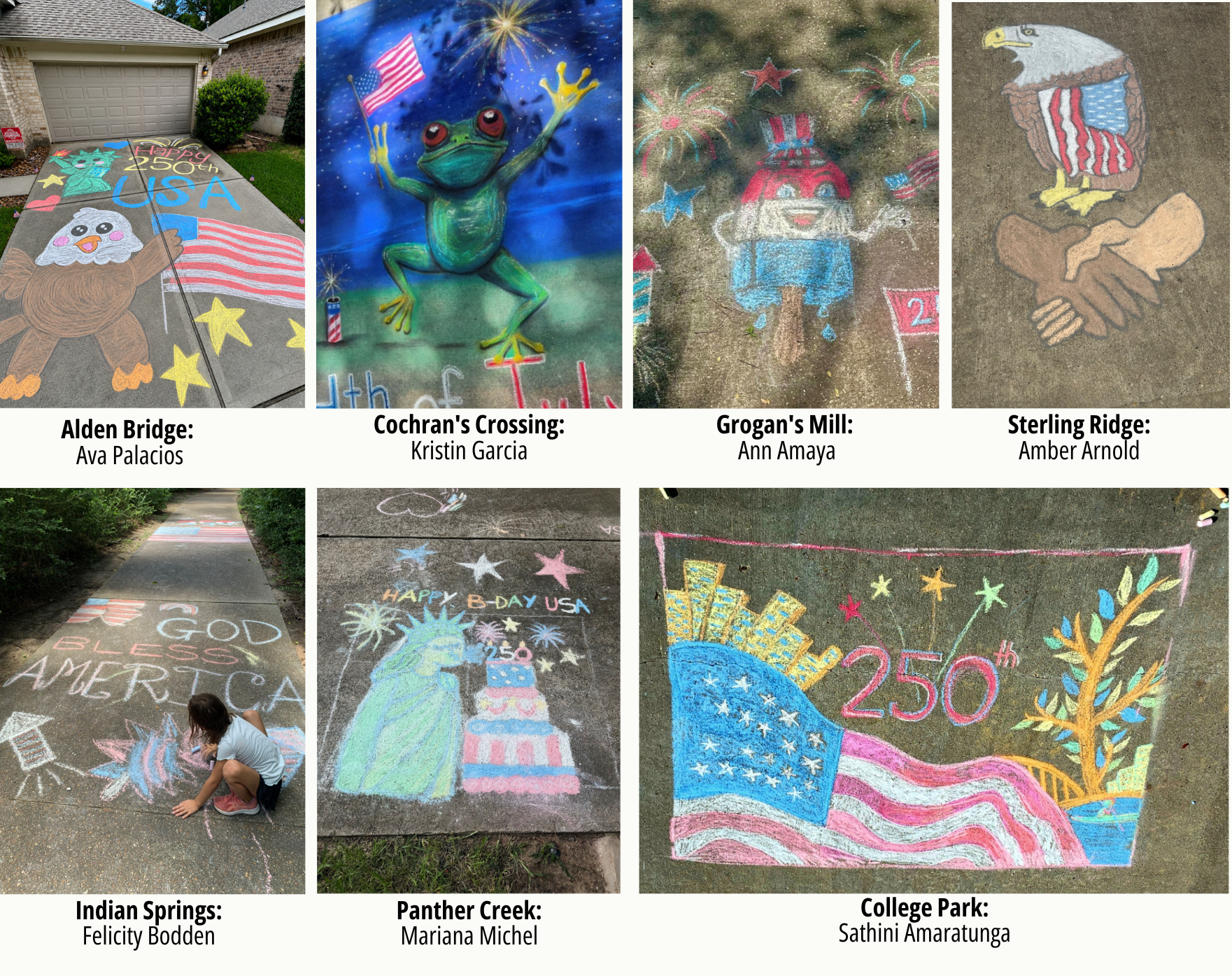 2026 Let Freedom Chalk Contest winners . Photos of patriotic images drawn in chalk