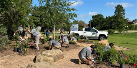 Volunteers cleaning flower beds and planting plants
