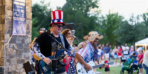 A band on stage wearing red, white and blue costumes