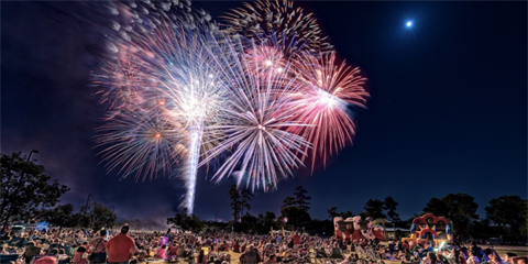Red, white and blue fireworks in a night sky