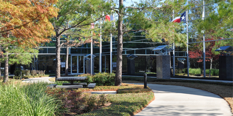Large glass office building with fall colored trees reflected in the windows