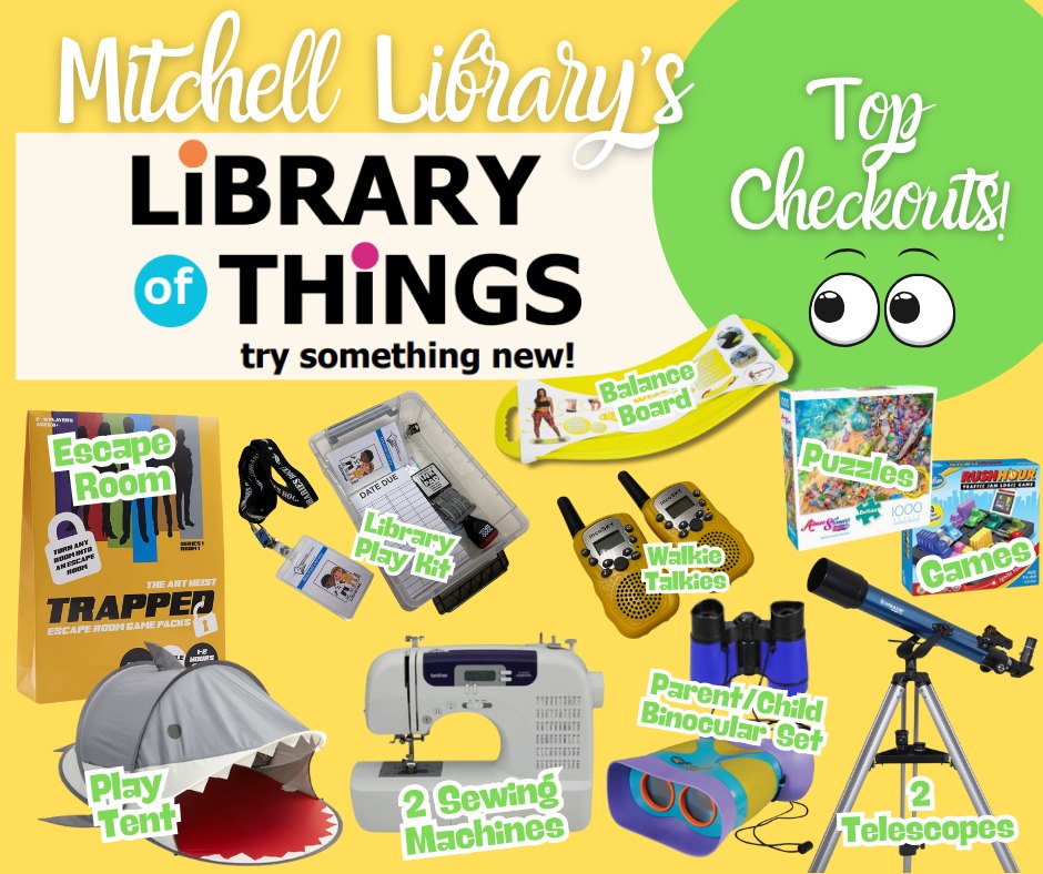 A collage of items featured in Mitchell Library's Library of Things including games, sewing machines, telescopes and walkie talkies