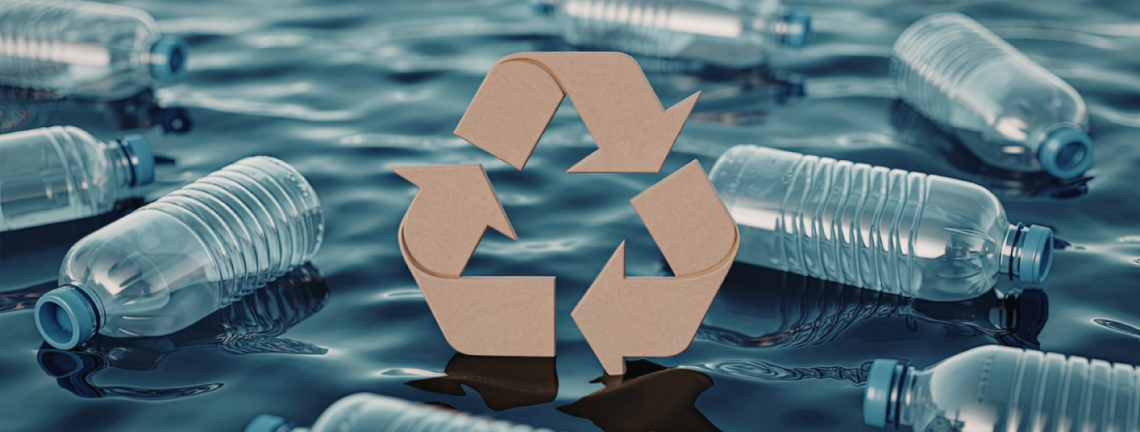 empty bottles of water in a body of water with the recycling symbol juxtapositioned on the image