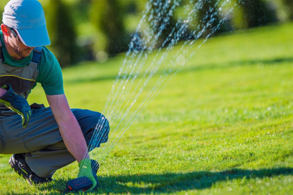 Photo of a person standing on green grass bending down to adjust a sprinkler