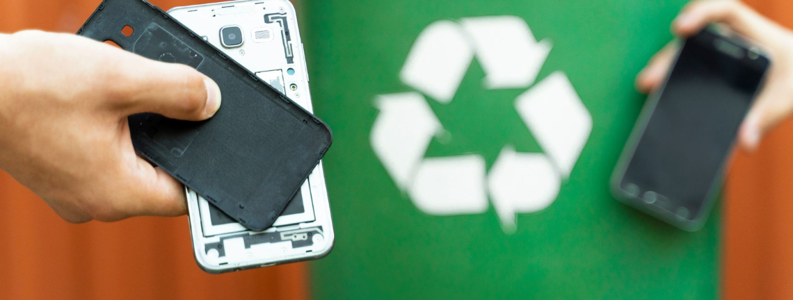 A hand holding a disassembled phone above a recycling symbol
