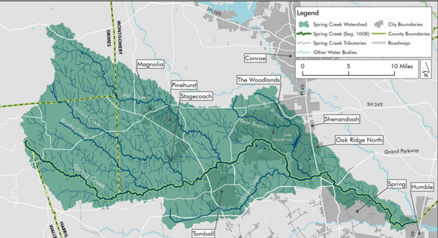Map which shows a shaded region labeled as the Spring Creek Watershed