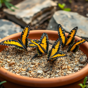 Butterflies in a shallow dish with gravel