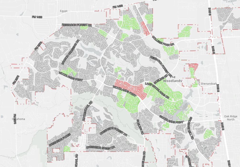 Map of The Woodlands Township with various areas highlighted in green, red, or grey