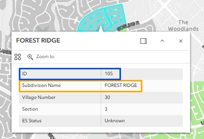 Pop-up window that displays the subdivision name and other identification labels