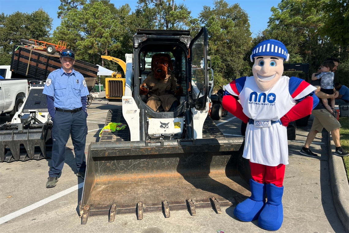 Photo of construction equipment, Gruff the Crime Dog and Nat the Knight