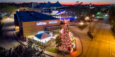 Photo of a building lit up with lights and a Christmas tree